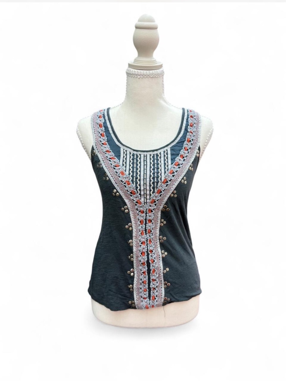 Vintage Francesca's Collections Navy Embroidered Scoop Neck Tank